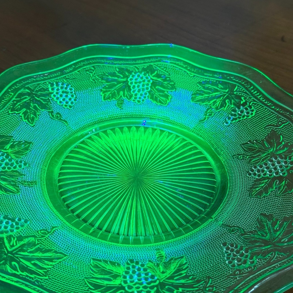 Vintage Uranium Glass Plate 8" Woolworth by Westmoreland Grapes &Leaves